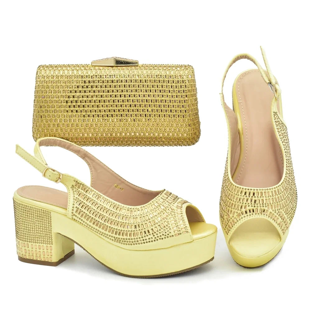 Africa Shoe and Bags Set Decorated with Rhinestone Wedges Shoes for Women Italian Women Wedding Shoes with Bag Set