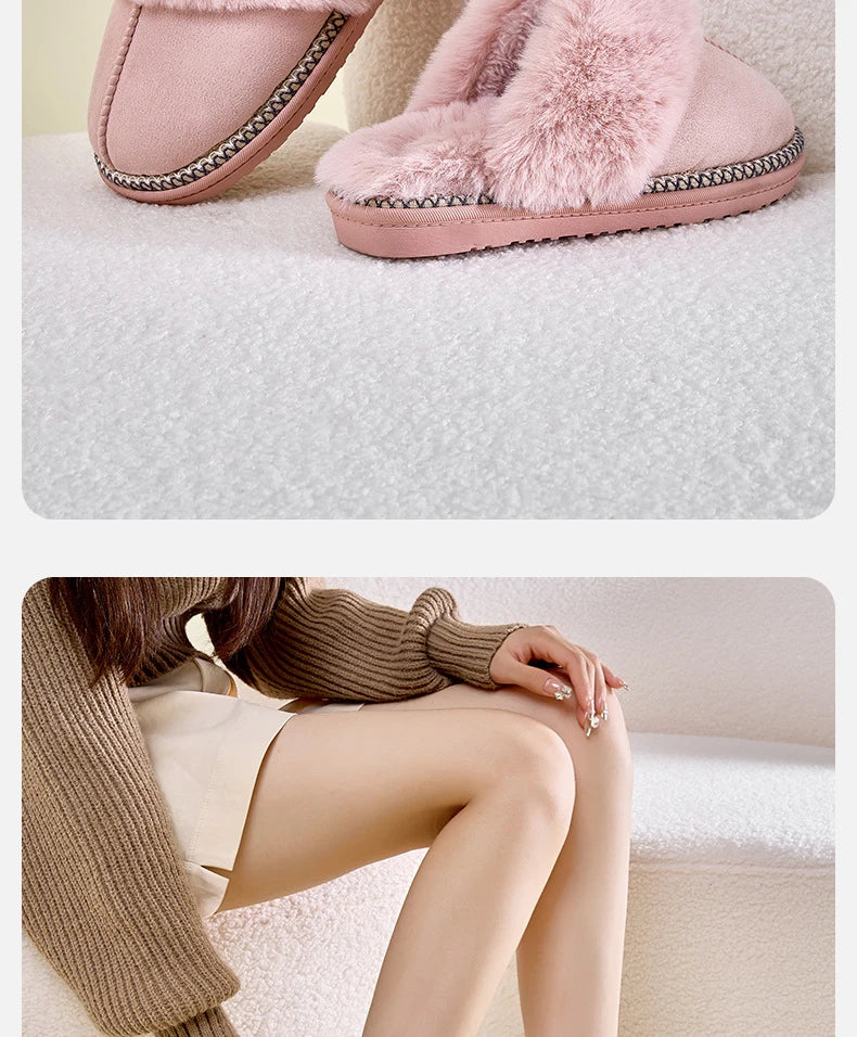 Women's Warm Fuzzy Slippers Winter Fur Collar Indoor Plush Flat Slides Fluffy Ladies' Cotton Shoes Furry House Slippers