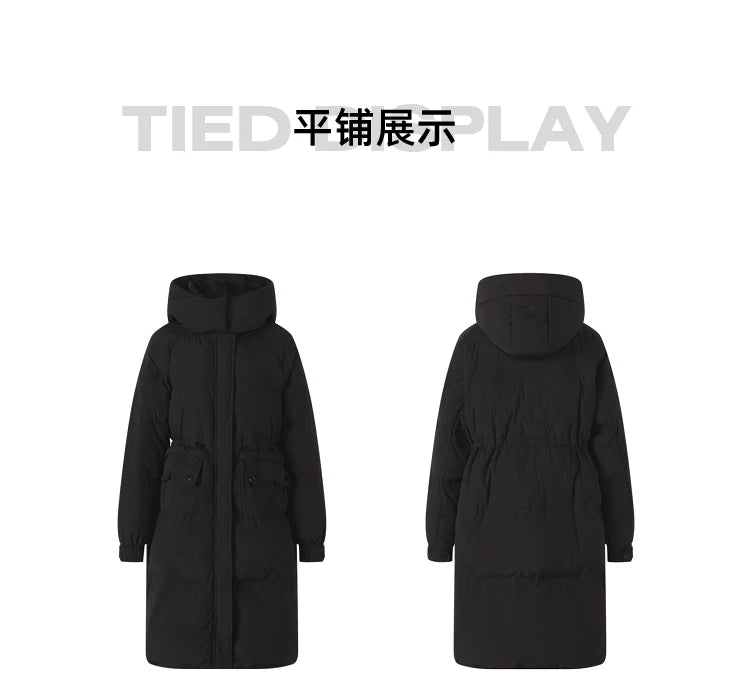 Women's Stand Collar Hooded Long Down Jacket, Waist Adjustable Belted Solid Colour, Thick Puffer Coat Fashionable Korean Style For Ladies