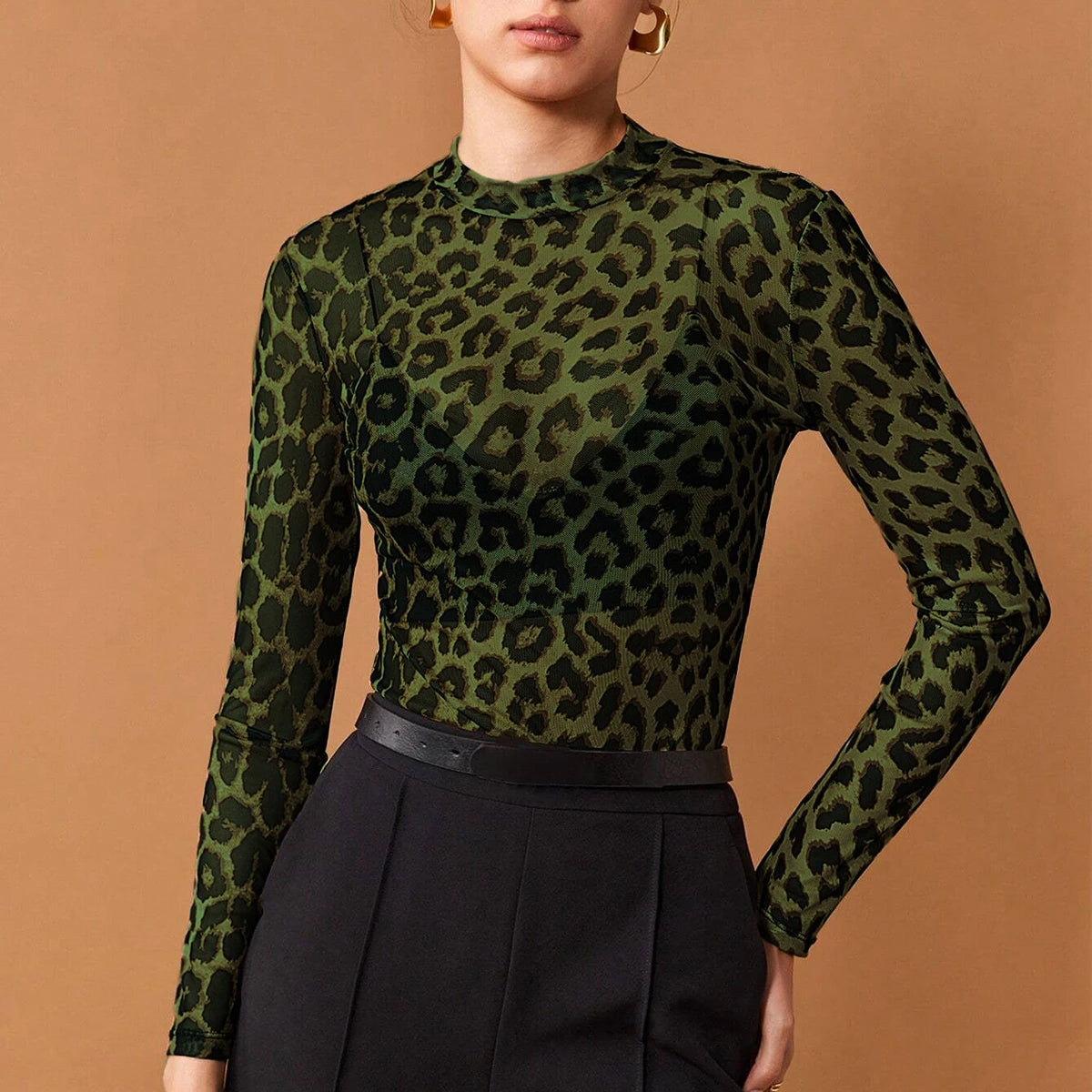 Women's T-Shirts Autumn Daily Basic Leopard Mesh Long Sleeve Crew Neck Fashion High Street T-Shirts