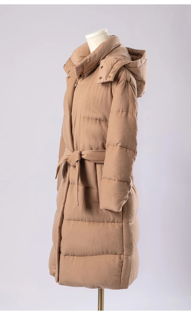 Women's Luxury Puffer Wool Winter Jacket, Duck Down Coat, Long Hat Detachable Hooded Outerwear For Ladies