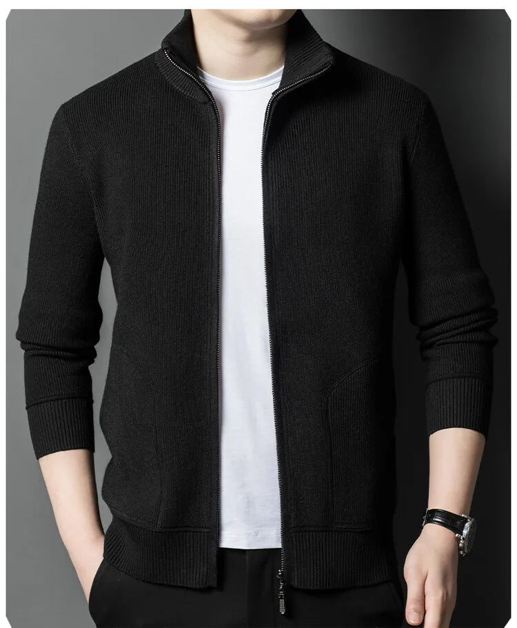 Men's Solid Colour Autumn Long-Sleeved Stretch Warm Cardigan, Daily Jacket Sizes M-4XL