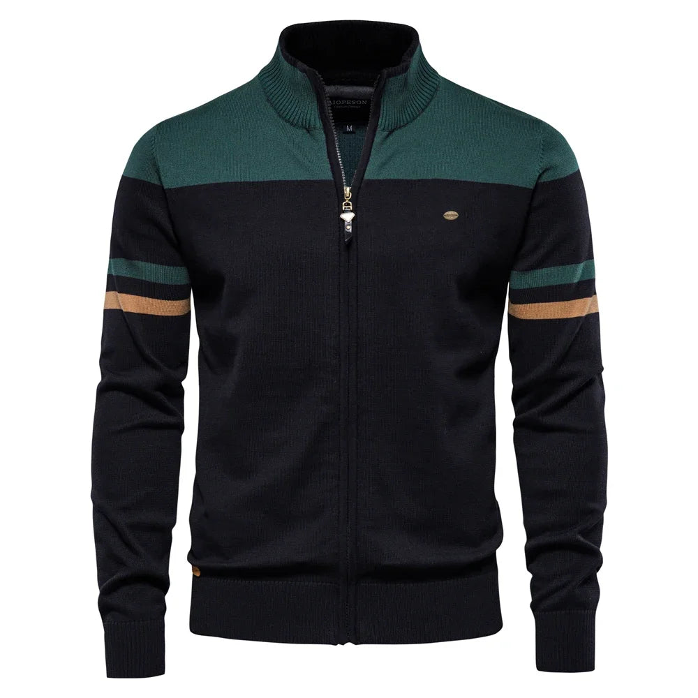 Men's Autumn and Winter 100% Cotton Zipper Cardigan Casual Patchwork Fashion Male Knitted Sweaters for Men