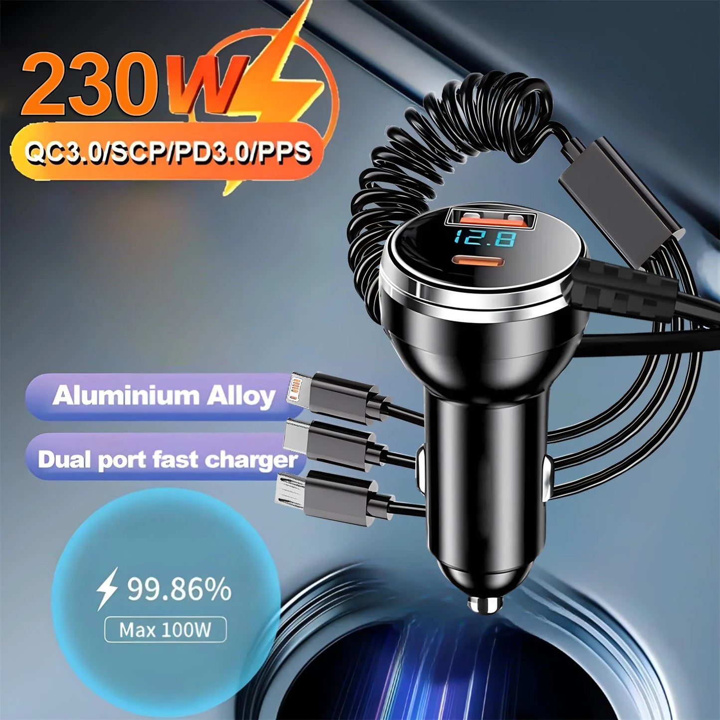 230W Car Charger 5 Ports Fast Charge PD QC3.0 USB C Car Phone Charger Type C Adapter in Car For iphone Samsung Huawei Xiaomi