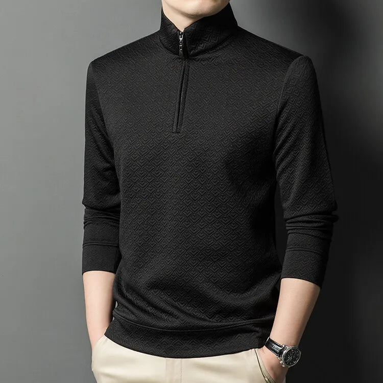 Men's Zipper Stand-Up Collar Long Sleeve T-shirt, Autumn & Winter Fashion Brand Loose Pullover With Advanced Geometric Jacquard Fabric