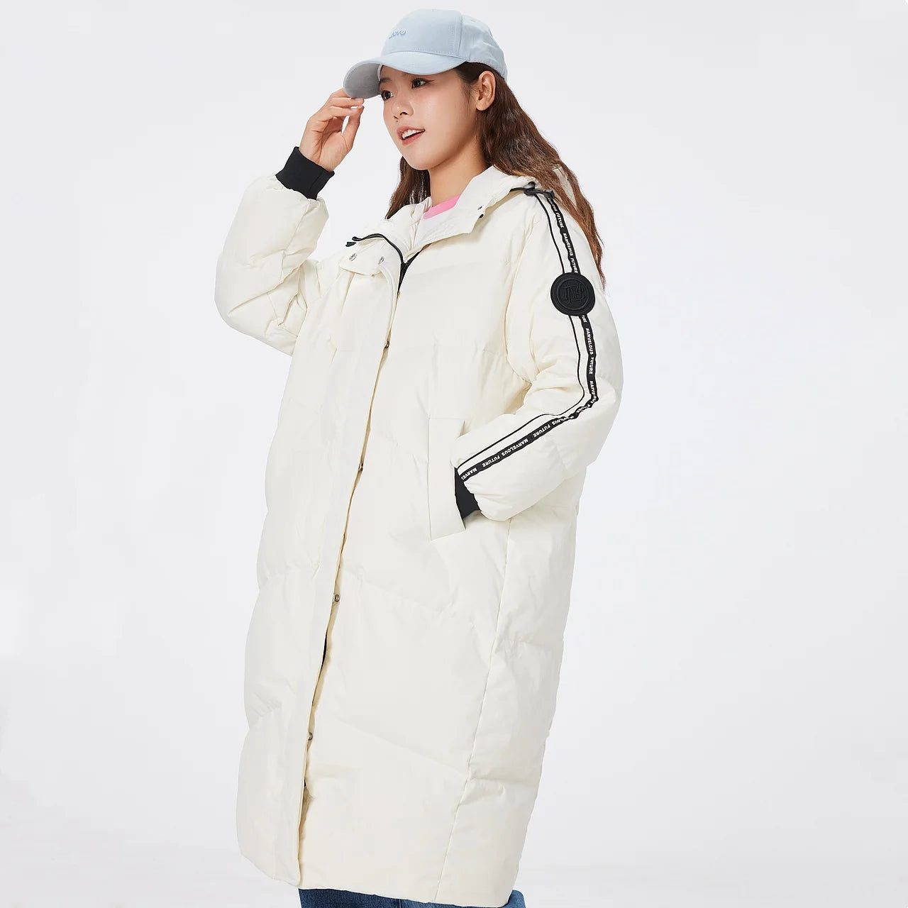 Women's Long Puffer Coat With Striped Webbing, Oversized Straight-Cut Sporty Style, Duck Down Thick Warm Jacket