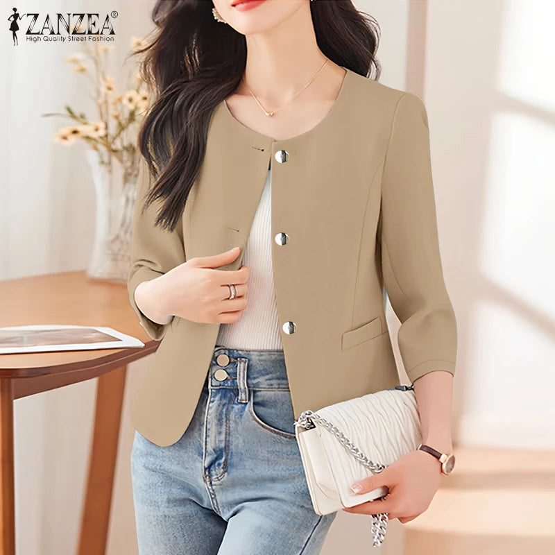 Elegant Women Over Shirts 2025 Autumn Fashion Round Neck 3/4 Sleeve Button Up Chemises Femme Office Wear Solid Outerwear