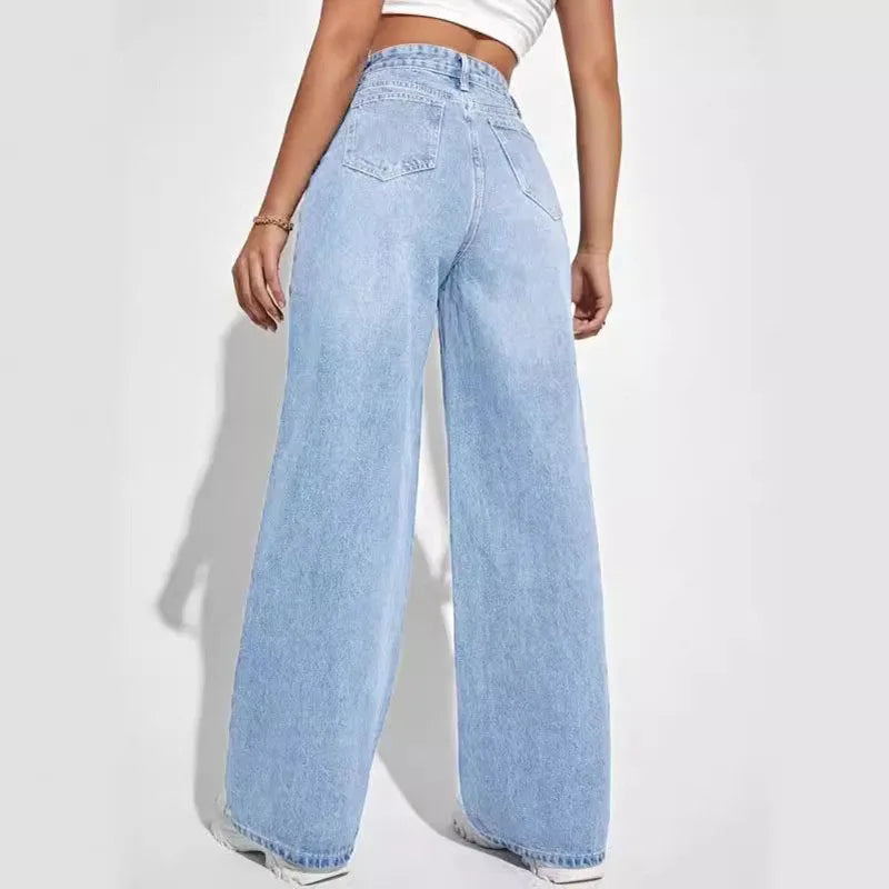 Women's New Light Blue Washed Denim Pants Fashion High Waist Straight Jeans Simple Wide Leg Trousers Hot Sale