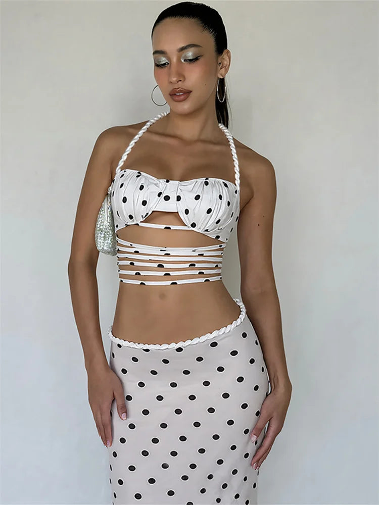 Polka Dots 2 Piece Set Women Twist Bandage Halter Hollow Camisole + Skinny Mid Skirts Street Fashion Elegant Outfits For Women