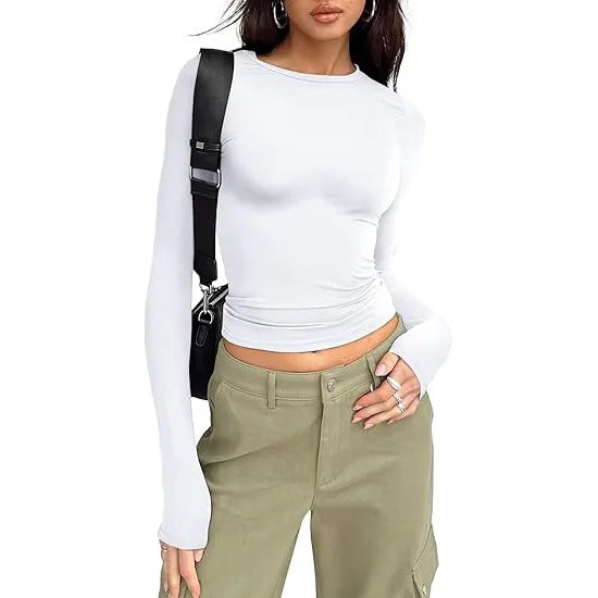 Fashion Senior Women's Long Sleeve Crew Neck Solid Slim Fit T-shirt Crop Top Ladies Daily Streetwear Casual Tee