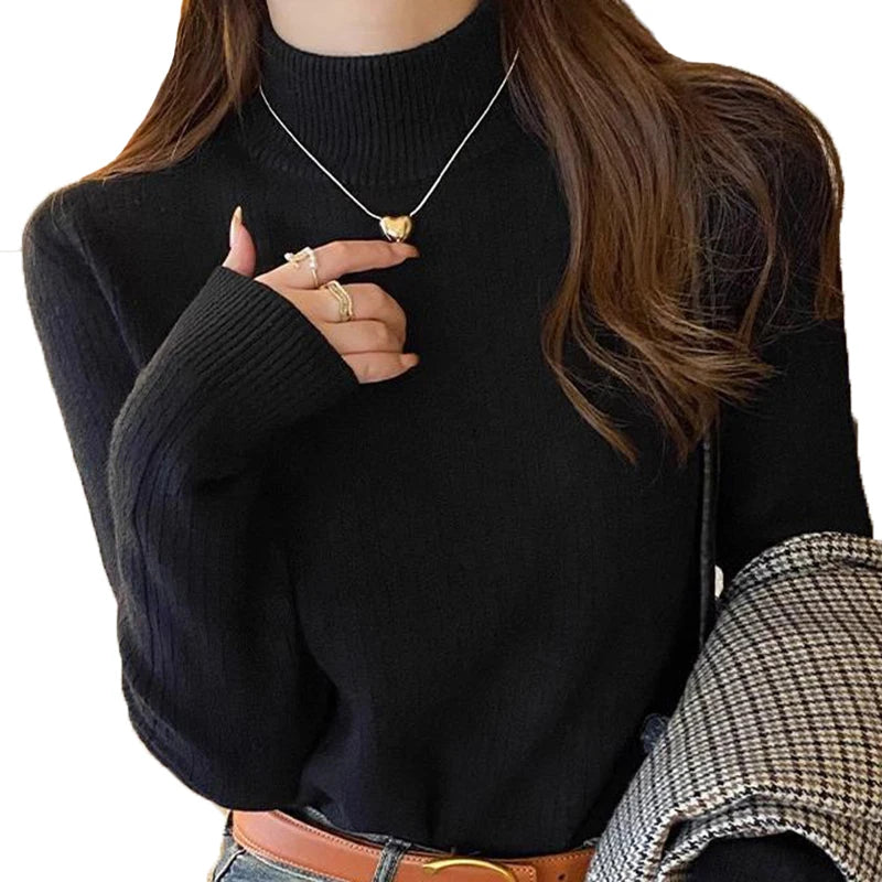 Women's Turtleneck Sweater Winter Retro Red With Velvet Lining Thickened Inner Wear Thermal Knitting Bottoming Shirt