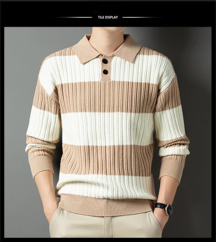 Men's Polo Shirt Luxury Pullover Sweater Fashion Thick Warm Sweater Striped Casual T-shirt, Male Top Loose Knitwear