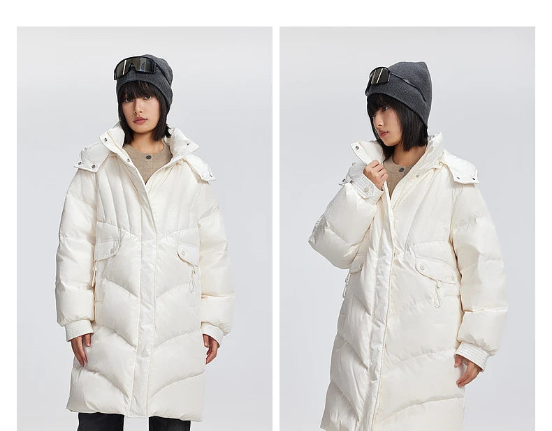 Women's Winter Down Jacket Duck Down Detachable Hood Puffer Coats, Simple Korean Style Mid-Length Jacket for Ladies