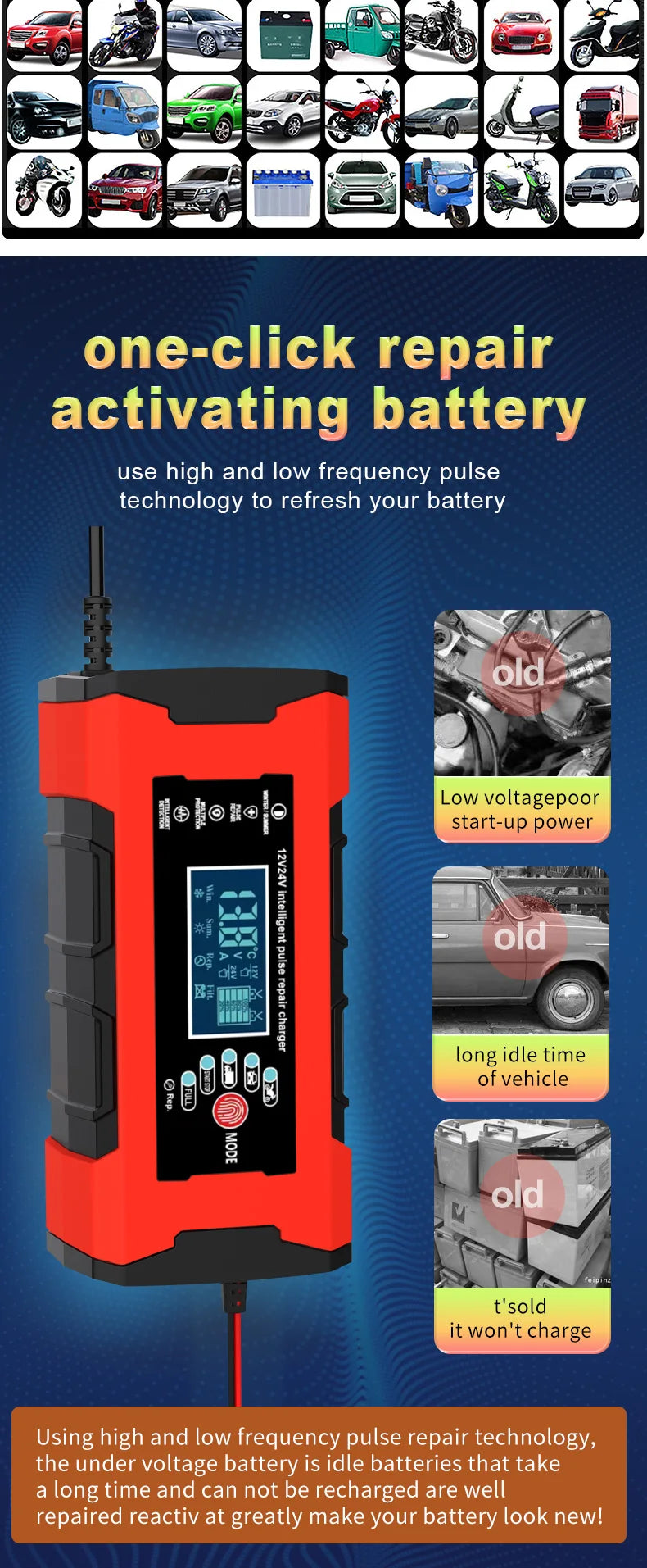 24V 5A 12V 10A Battery Charger Smart Fast Charging for Car Batteries 7-Stage Charge Pulse Repair for AGM GEL WET Lead Acid