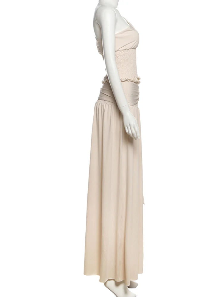Elegant Ruched 2 Piece Set Women Skew Collar Backless Crop Tops + Metal Buckle Decoration Skirts Matching Solid Outfits