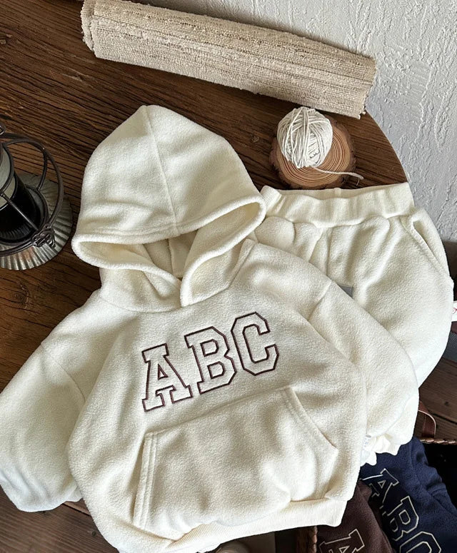 Winter Kids Clothing 2PCS Set Fur Lining Boys Girls Hoodie Set Hooded Sweat Shirt And Pants Track Suit 12M-7T Unisex