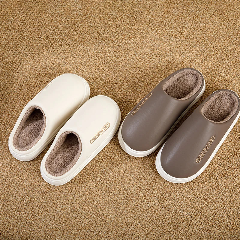 Unisex Anti-slip Waterproof Winter Cotton Slippers Women Men Home Indoor Warm House Shoes Couple Soft Flat PVC Sole Footwear