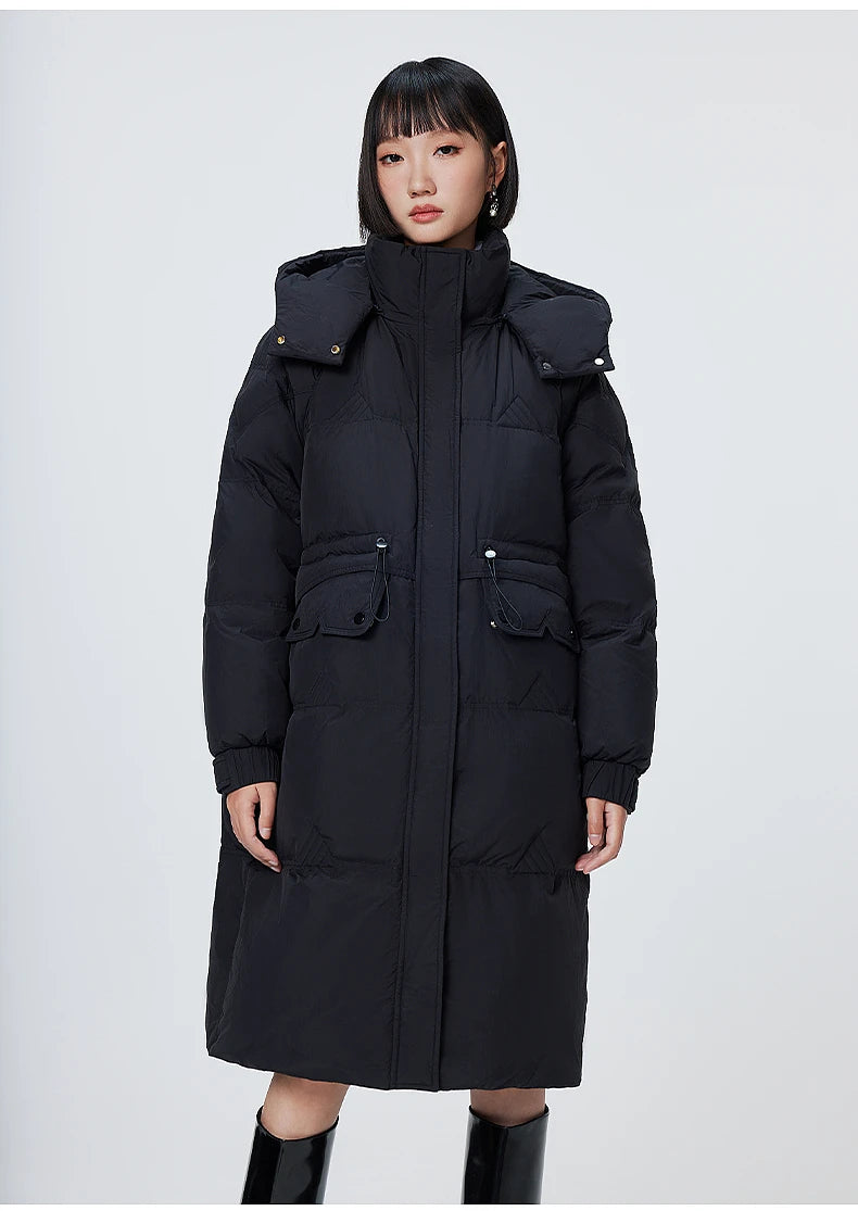 Women's Stand Collar Hooded Long Down Jacket, Waist Adjustable Belted Solid Colour, Thick Puffer Coat Fashionable Korean Style For Ladies