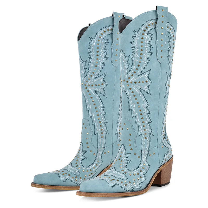 Women Pointed Toe Mid Calf Pull-on Knee High Cowgirl Boots Comfy Chunky Heel Western Boots