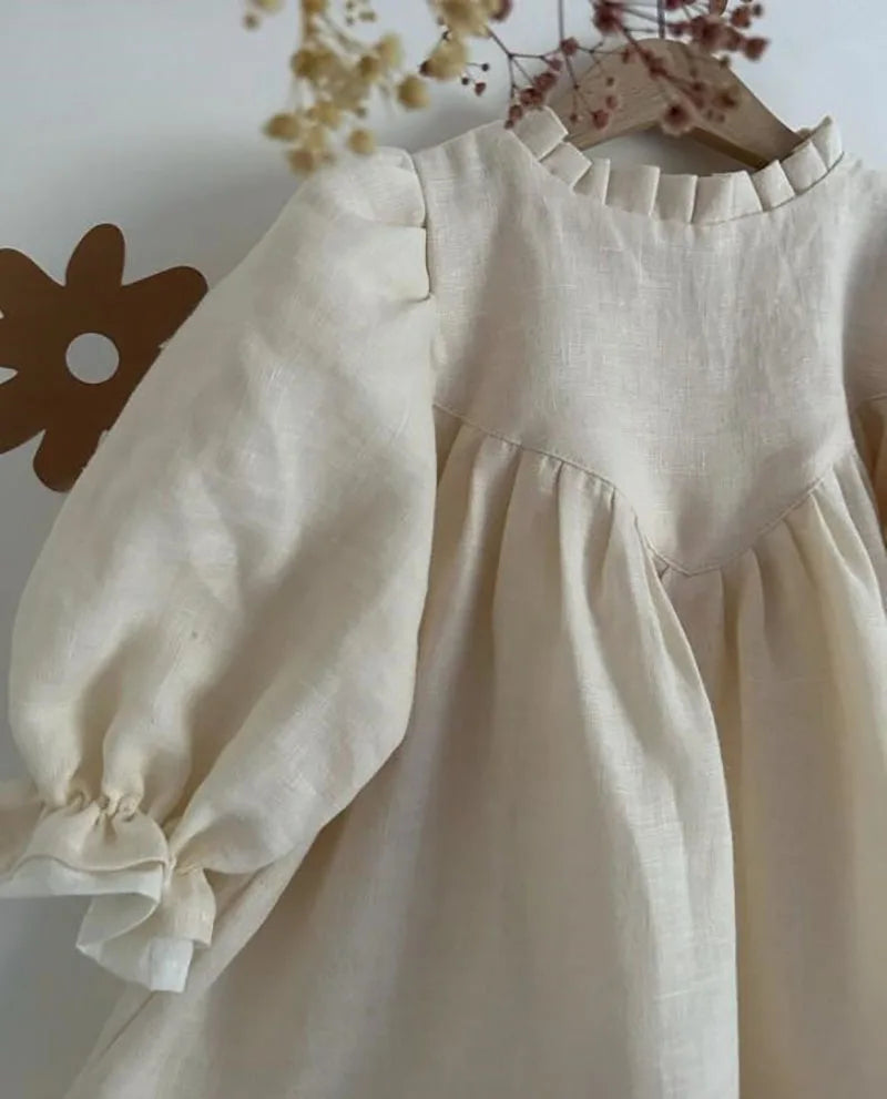 Spring Toddler Big A-line Girls Dress Linen Dress for Children Puff Sleeve Princess Kids Clothes Patchwork Dresses 2-7Y Girls