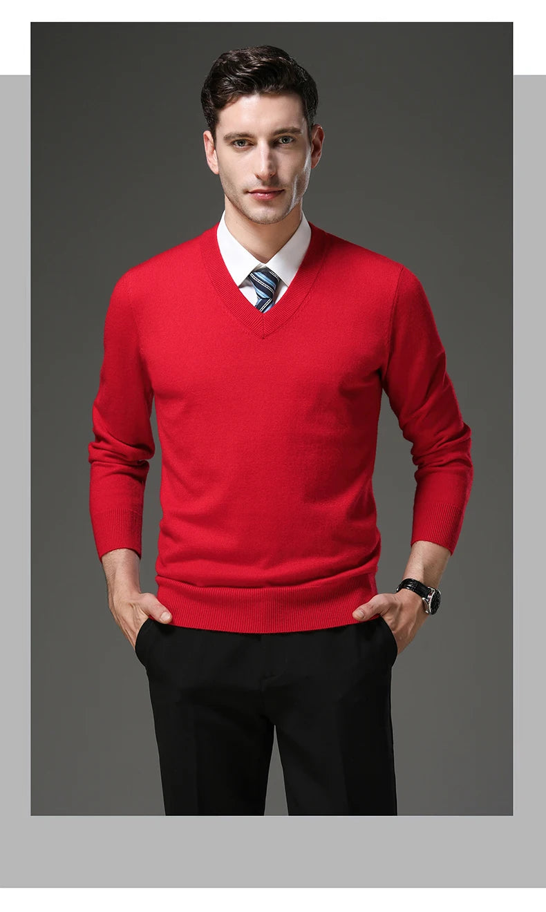 Men's Warm V-Neck Solid Colour Sweater, Autumn & Winter Stretch Top, Daily Leisure Pullover Knitwear, Male Business Casual