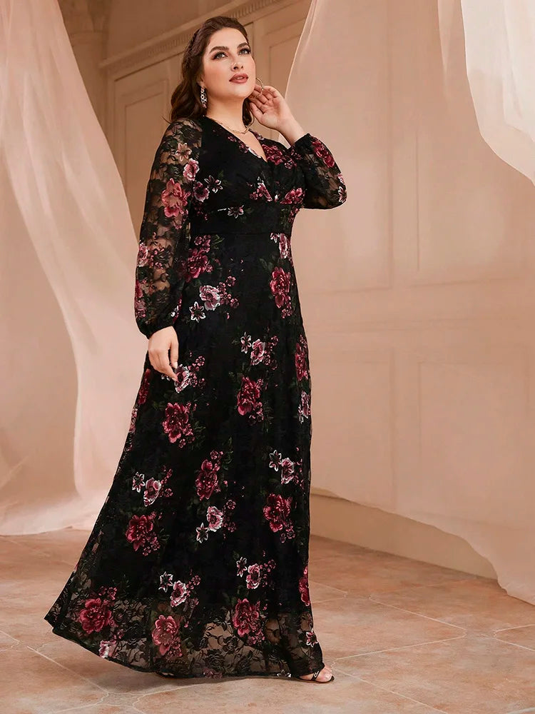 Spring Summer Lace Mesh Floral Print Lantern Sleeve Women Clothing 2024 New Plus Size Luxury Elegant Party Evening Dress