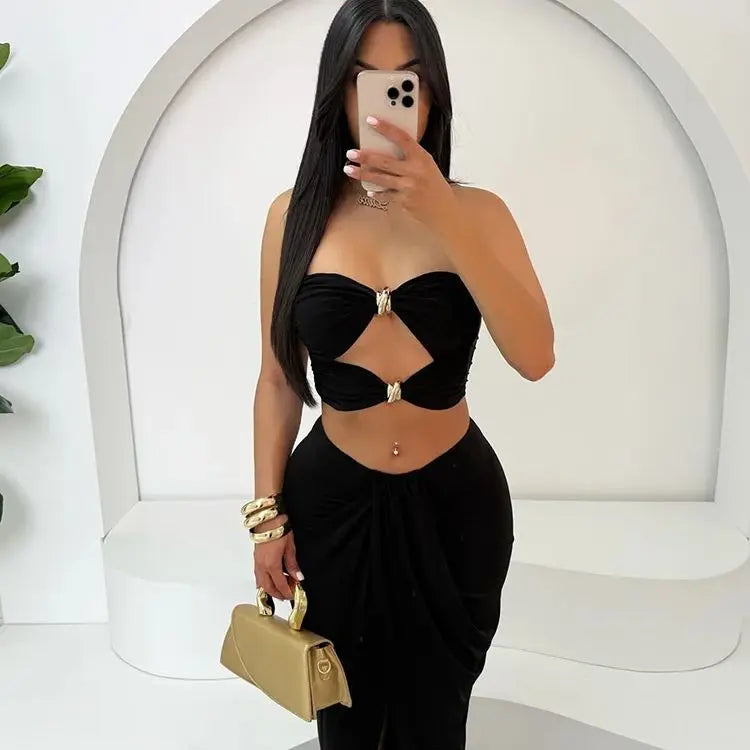 Metal Buckle Hollow 2 Piece Set Women Y2K Solid Ruche Tube Tops + Irregular Split Maxi Skirt Matching Clubwear Outfits