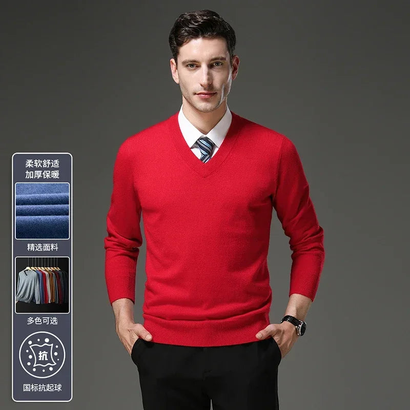 Men's Warm V-Neck Solid Colour Sweater, Autumn & Winter Stretch Top, Daily Leisure Pullover Knitwear, Male Business Casual