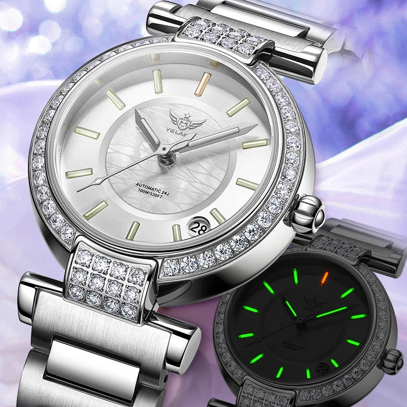 Yelang V1026 Women's Mechanical Watch – NH35 Japan Movement, 10 BAR Waterproof, Luxury Stainless Steel Wristwatch with Watch Ring – Reloj Mujer