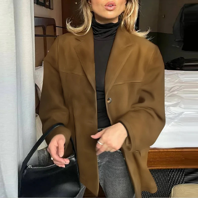 Casual Suede Women's Blazer 2025 Spring Fall Long Sleeve Lapel Neck Suit Jackets Elegant Single-Breasted Streetwear Coats