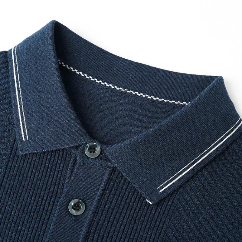 Men's Solid Colour Business Casual Polo Shirt, Suitable For Daily Commute, Pullover Sweater, Warm Knitted Long-Sleeved Cardigan