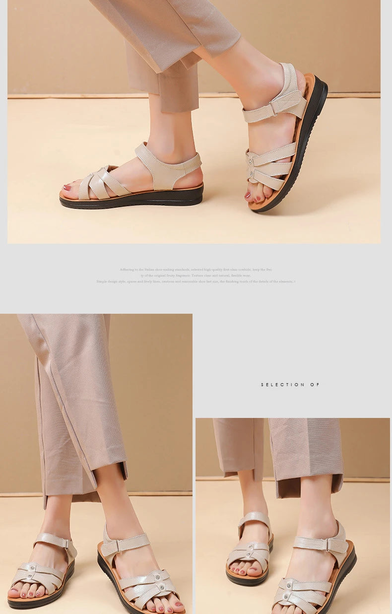 Women's Female Ladies Mother Genuine Leather Sandals Platform Shoes Non Slip Summer Cool Beach Hook Loop Plus Size 42 43