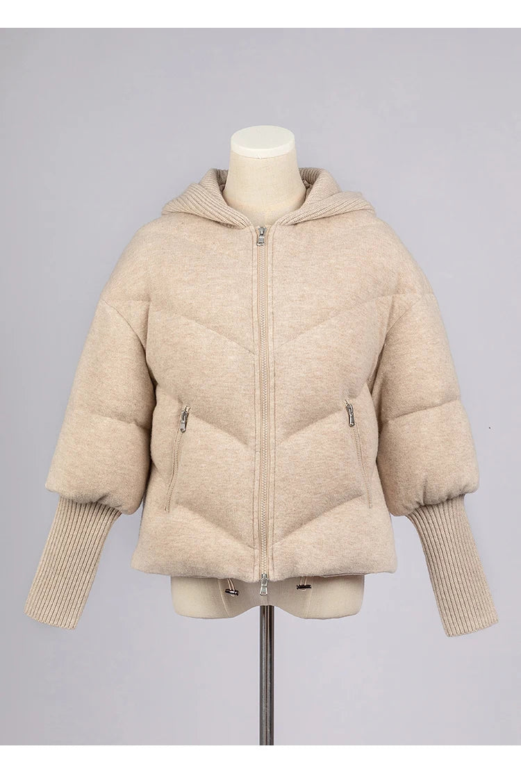 Women's Luxury Hooded Threaded Sleeve Down Coat, Warm Jacket For Ladies