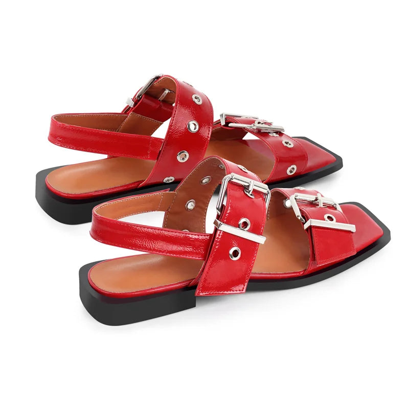 Women Square Toe Buckle Strap Flats Sandals Lady Big Size Summer Punk Retro Mary Jane Slingbacks Sandals