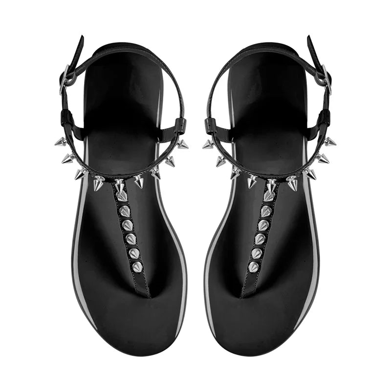 Women Round Toe T-Strap Rivet Flats Sandals Big Size Fashion Summer Sliper
