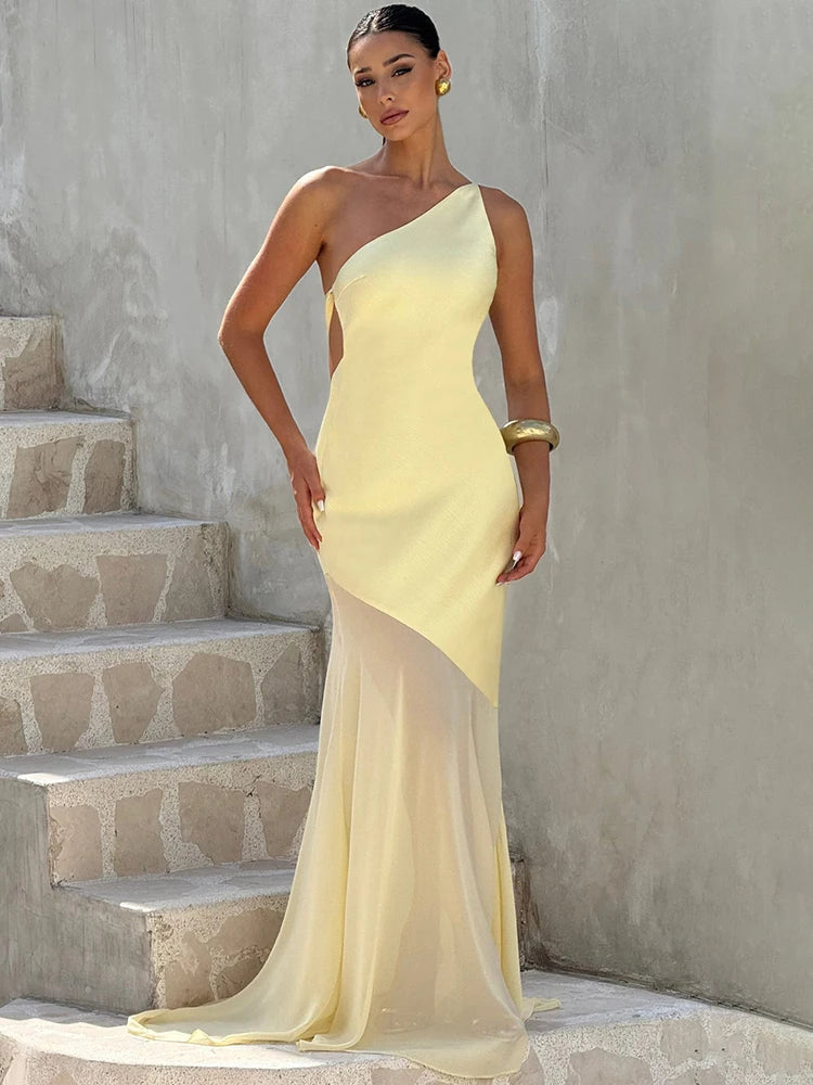 One Shoulder Backless Sleeveless Maxi Dress Women's Sexy Gown Fashion Patchwork Bodycon Club Party Long Dress Elegant Floor-Length