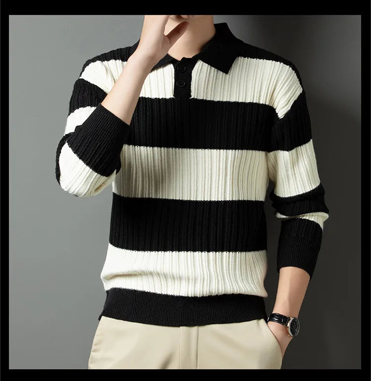 Men's Polo Shirt Luxury Pullover Sweater Fashion Thick Warm Sweater Striped Casual T-shirt, Male Top Loose Knitwear