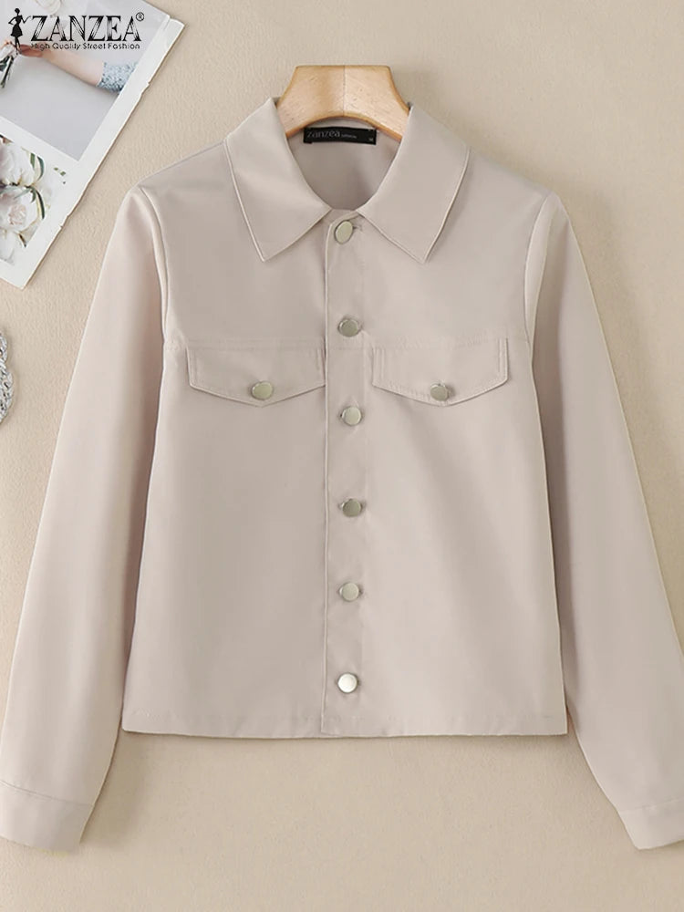 Women Daily Outerwear Long Sleeve Work Wear Casual Solid Colour Coats Button Up 2025 Spring Turn-down Collar Thin Jackets