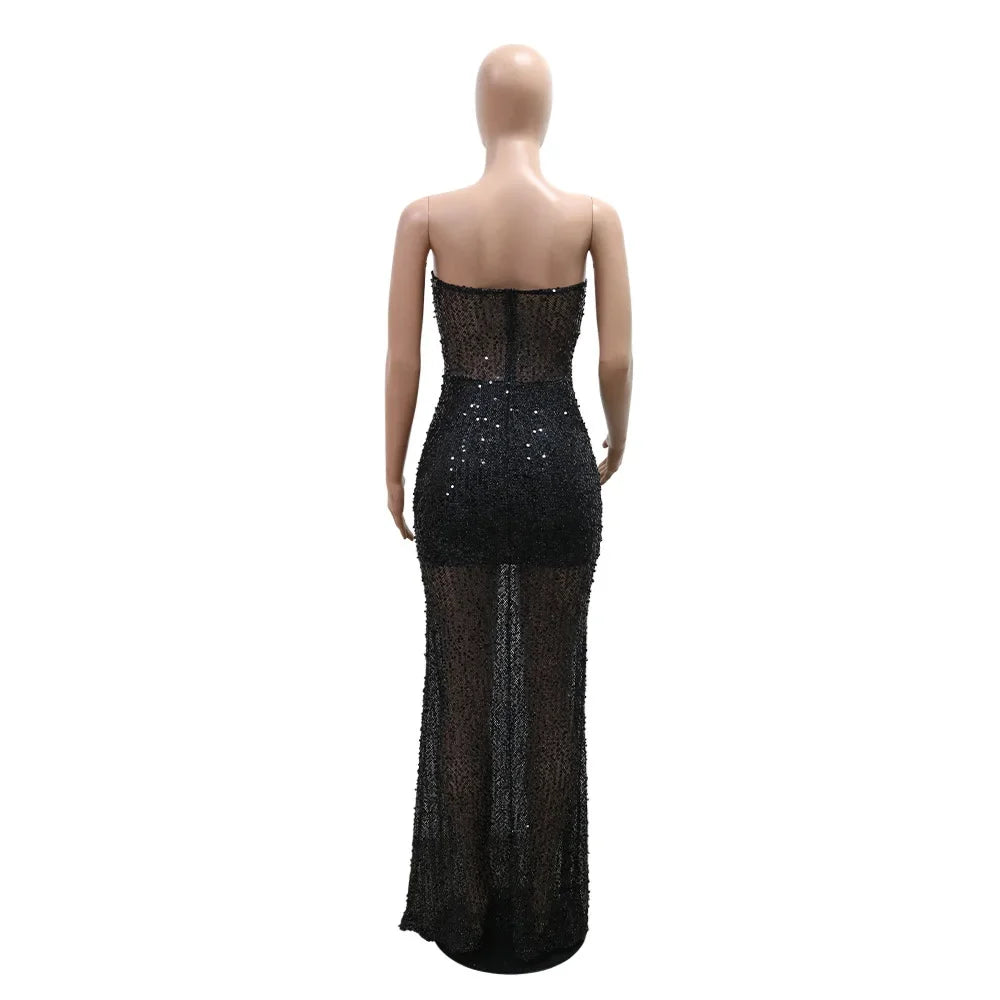 Sexy Strapless Sequin Party Dresses Long Cocktail Formal Prom Dress