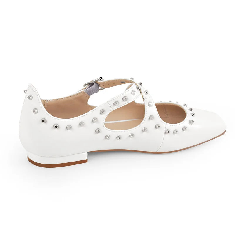 Women White Square Toe Matte Flats Strap Retro Elegant Big Size Daily Flats