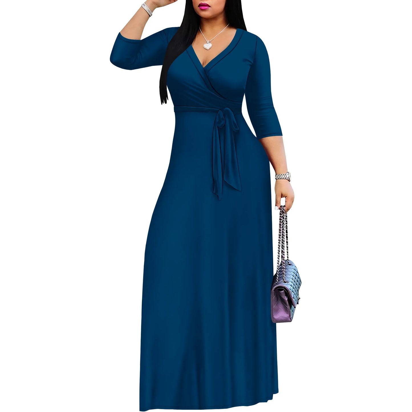 Solid Color Bohemian Summer Long Maxi Dress V-Neck 3/4 Sleeve