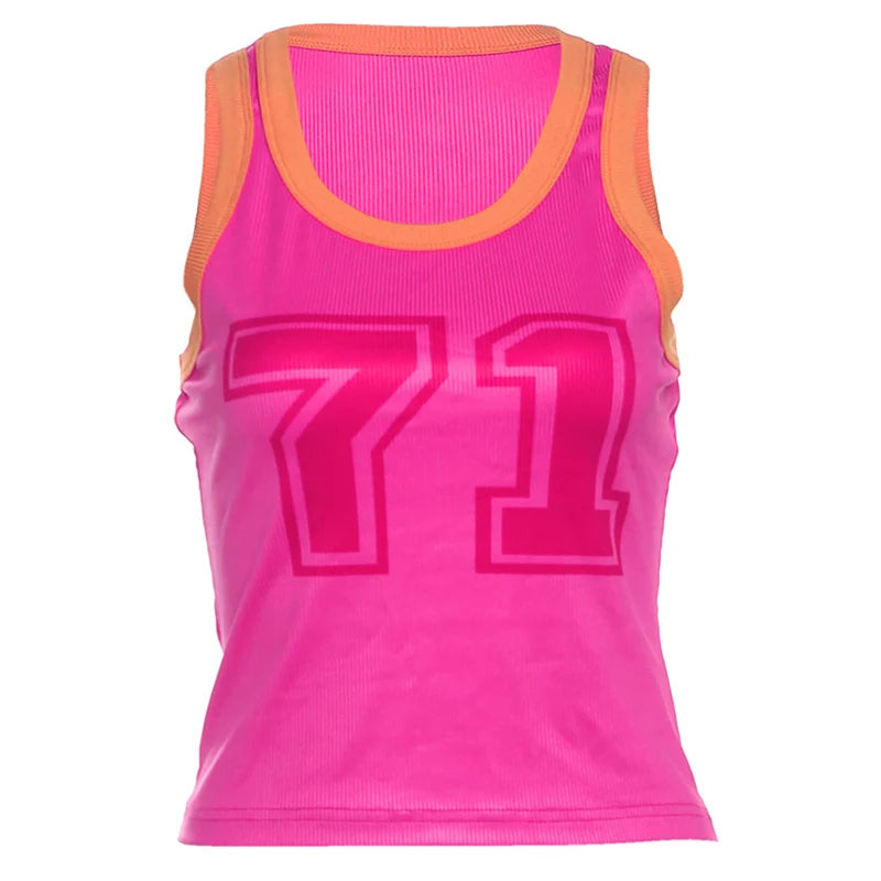 Number Print Vests Summer Trend o-Neck Patchwork Skinny Stretch Street Daily Hottie Sporty Simple Classic Women Tops