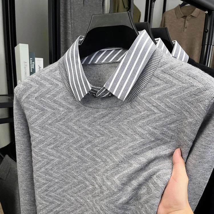 Men's Knitted Sweater With Shirt Collar - Vintage Style Fake Layered Business Casual, Pullover Old Money Style Top