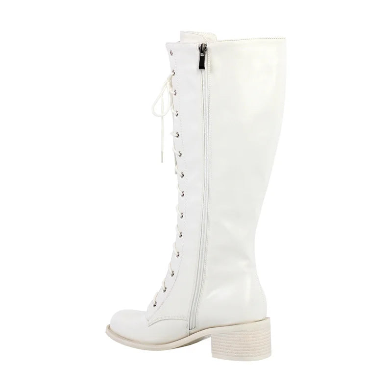 Women Knee High Boots Round Toe Black Matte Gothic Heeled Concise Side Zipper Winter Lace UP Motorcycle Boots