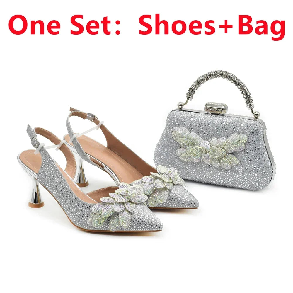 New Pointed Toe Heels with Small Bag Nigeria Fashion Party Women's Shoes and Bags Decorated with Rhinestone Wedding Shoes Bride