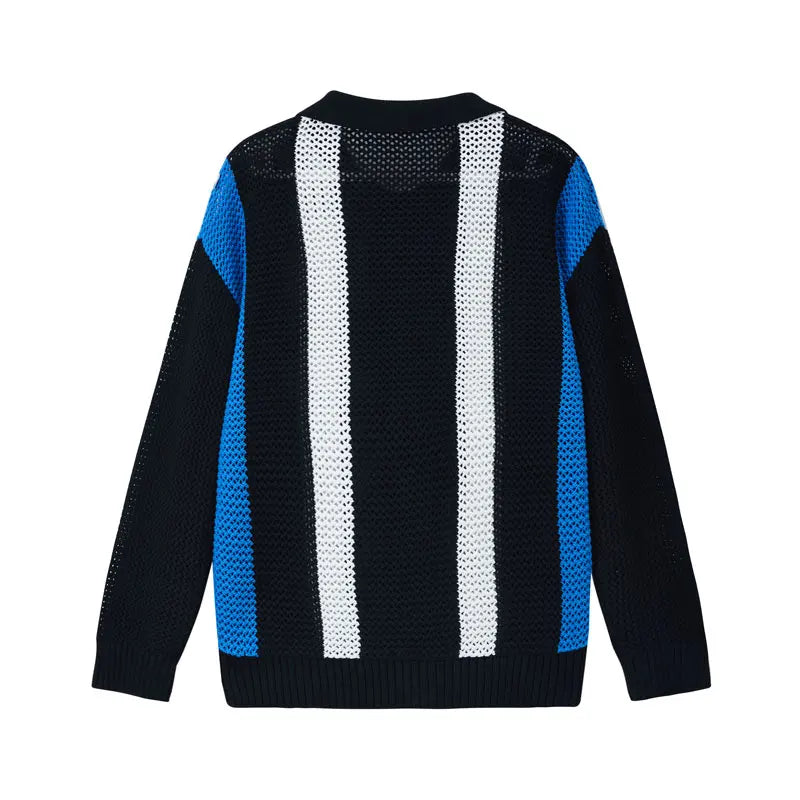 Men's Autumn/Winter Colour-Block Striped Polo Collar Knitted High Quality Hollow Out Cardigan With 60% Cotton