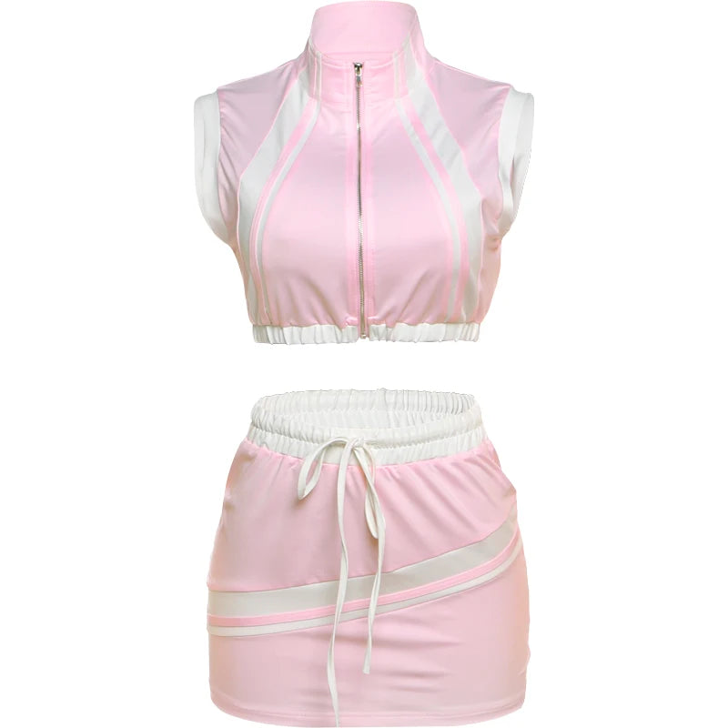 Sporty Casual Women Tracksuit 2 Piece Set Summer Patchwork Zip Tank Tops + Bandage Skirts Matching Stretch Slim Outfits