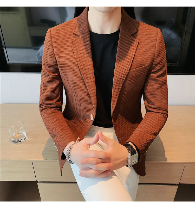 Men’s Waffle Plaid Blazer Coat, Hounds-Tooth Pattern, Wool-Blend Overcoat for Autumn & Winter - Lightweight, Stretchable