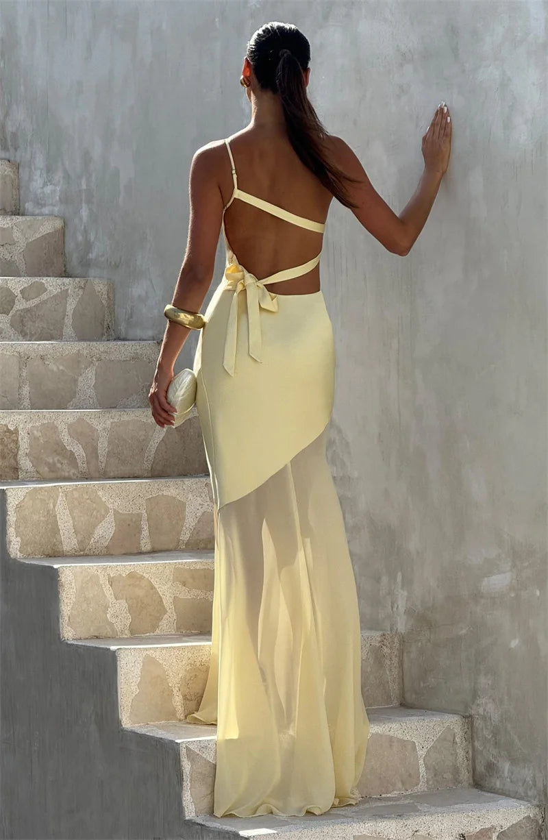 One Shoulder Backless Sleeveless Maxi Dress Women's Sexy Gown Fashion Patchwork Bodycon Club Party Long Dress Elegant Floor-Length