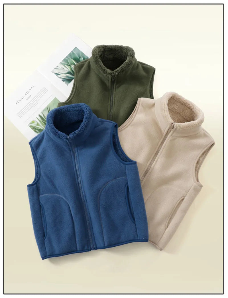 Boys' Winter Warm Vest Solid Colour Big Pocket Waistcoat Zipper Korean Kids Loose Sleeveless Jacket For Children 4-12T